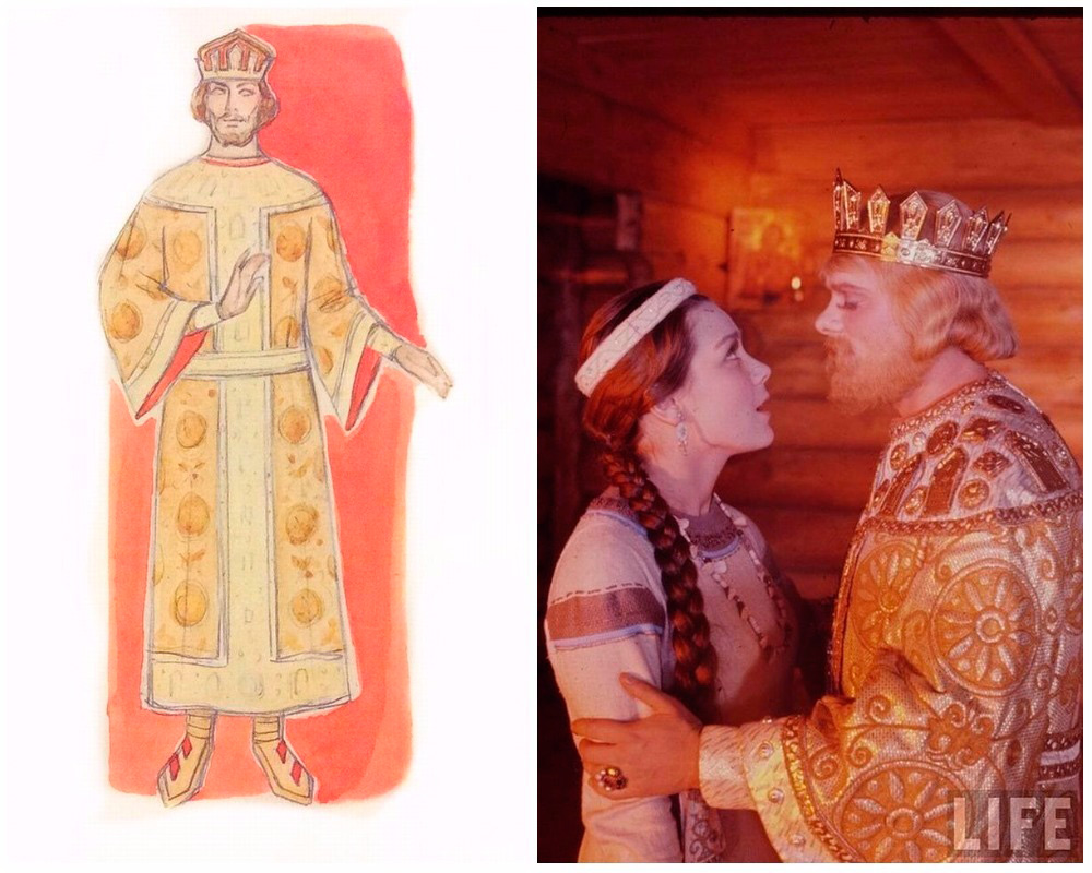Эскиз костюма царя Салтана. Художник по костюмам О. Кручинина. Музей Кино Dmitri Kessel для журнала LIFE, 1967 г. На съемках фильма Сказка о царе Салтане